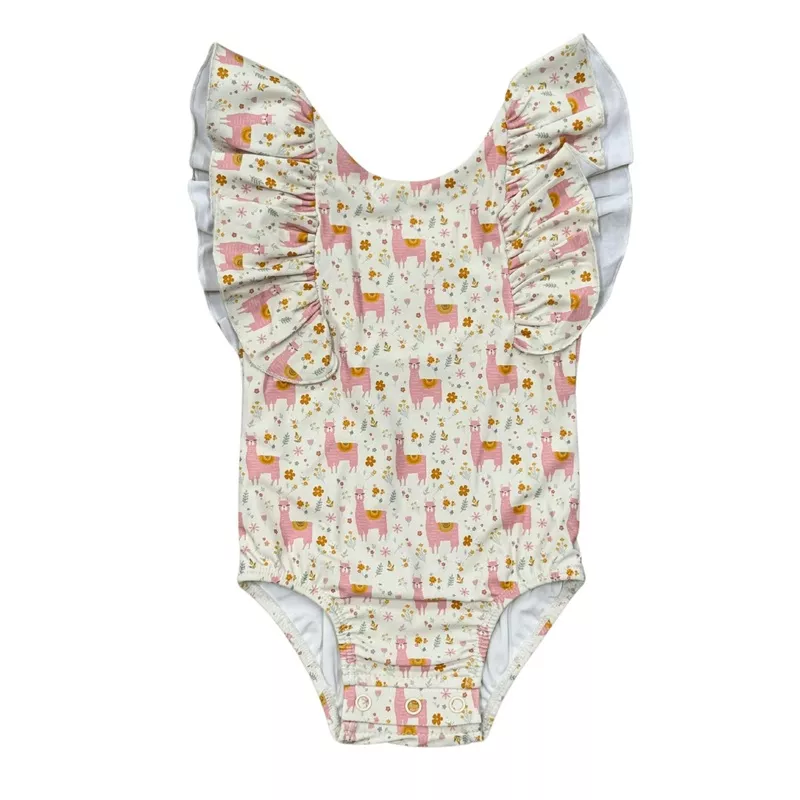 Baby Girl Ruffle Sleeve Cross Back Swimsuit in Llamas