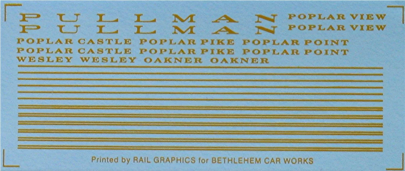 Bethlehem Car Works 239 HO Pullman Sleeper Dulux Gold Decals