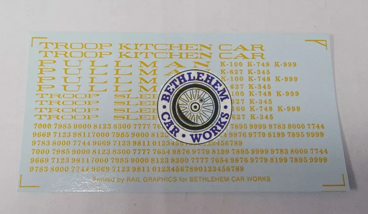 Bethlehem Car Works 72d HO Scale Pullman Troop Sleeper/Kitchen Dulux Decals