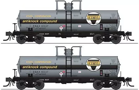 Broadway Limited 6463 HO Scale 6000-Gallon Tank Car 2-Pack – Ready to Run — Ethyl Corporation 6037, 6042 (gray, black band, yellow)