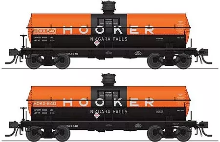 Broadway Limited 6464 HO Scale 6000-Gallon Tank Car 2-Pack – Ready to Run — Hooker Chemicals 640, 642 (As-Delivered, orange, black)