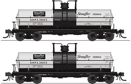 Broadway Limited 6467 HO Scale 6000-Gallon Tank Car 2-Pack – Ready to Run — Stauffer Chemical SHPX #3603, 3608 (gray, black)