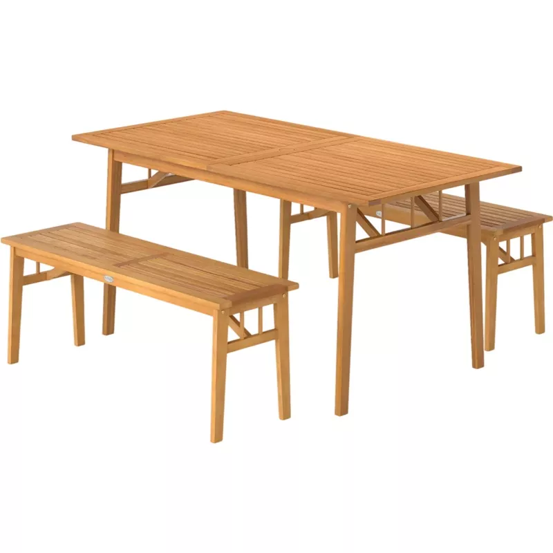 Costway 3-Pc Acacia Wood Outdoor Patio Dining Set Table & 2 Benches 37222323 New