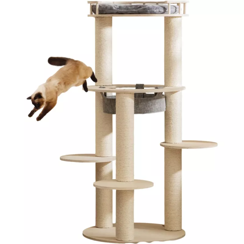 Costway 5-Level Wooden Cat Tree Padded Perch Hammock Gray 67159432 New