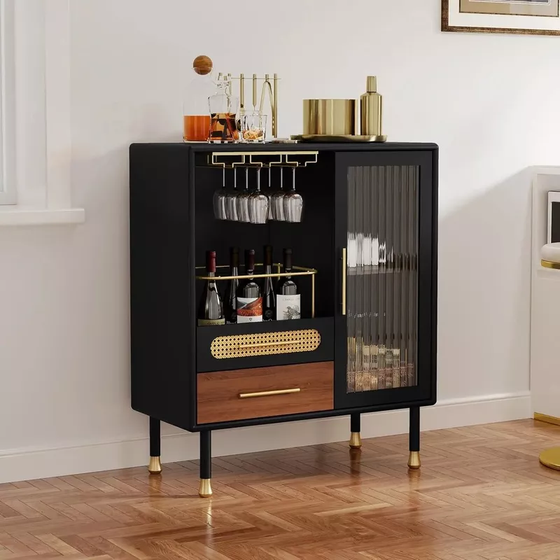 Glass Drinks Cabinet With Wine Rack Black
