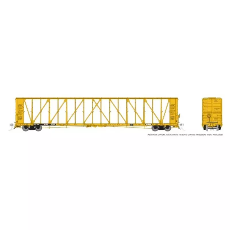 Rapido 174014-6 HO NSC Centerbeam Flatcar, TTX, Yellow Scheme, Ribbed Deck, 1994+, TTZX 861189