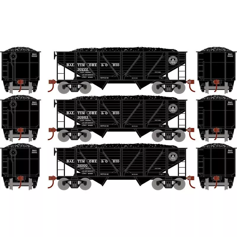 Roundhouse 70803 HO 34' 2 Bay Composite Hopper, Coal Load, 3-Pack, Baltimore and Ohio