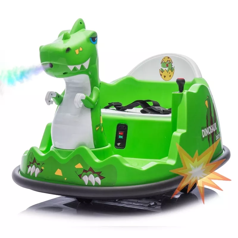 Track Seven 12V Electric Dinosaur Bumper Car for Kids, Spray Light, 360 Degree Rotation, Music, Large Size Seat Ride on Toy with Remote Control for Toddlers 2-5 Years, Green green-1