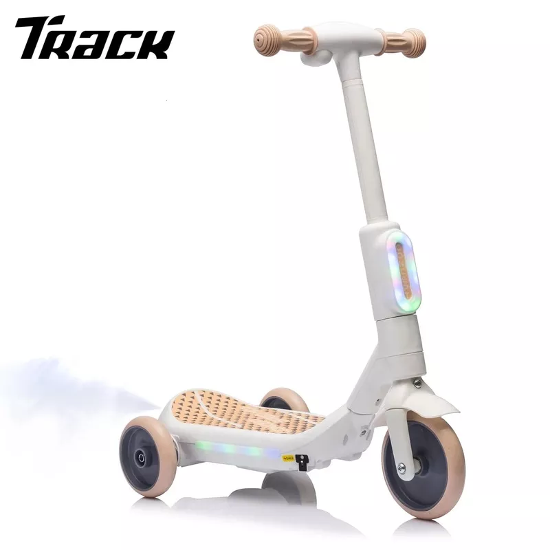 Track Seven Electric Scooter for Kids, 3 Wheels Kids Kick Scooter with Spray, LED Lights, PU Wheels, Wide Pedal, Music, Independent Light Switch, 6V Scooter for Boys Girls Toddlers Ages 3-6, White White