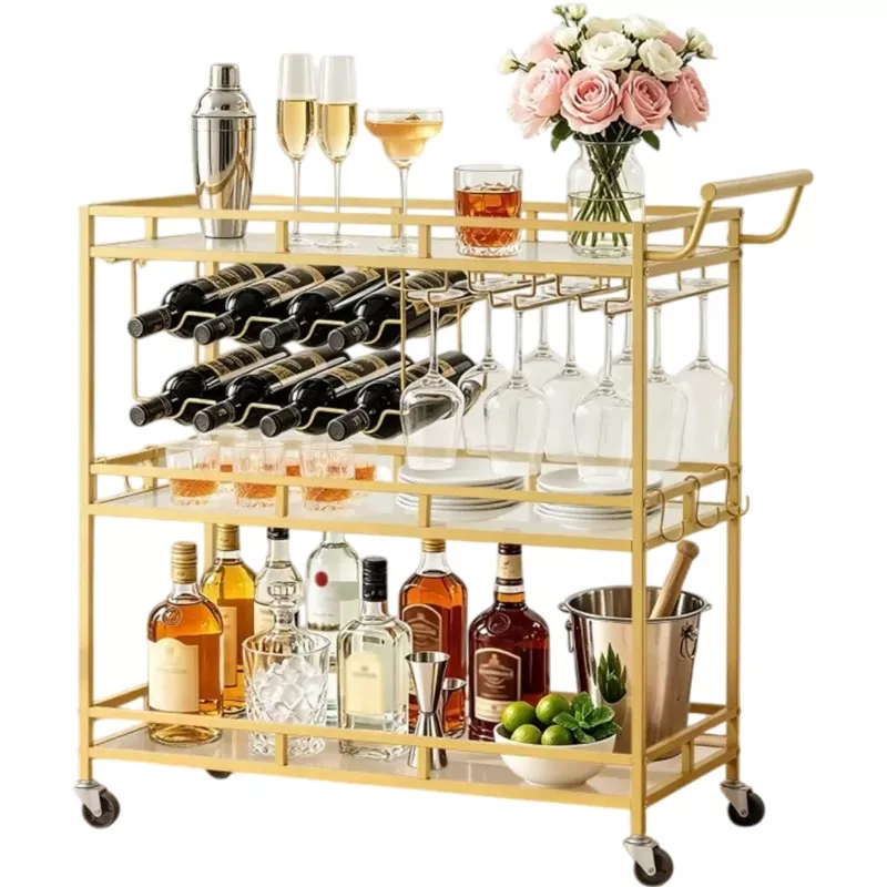 Vevor Bar Cart 3-Tier Rolling Serving Cart Gold New