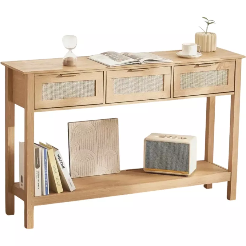 Vevor Console Table Rattan Entryway with 3 Drawers Natural New