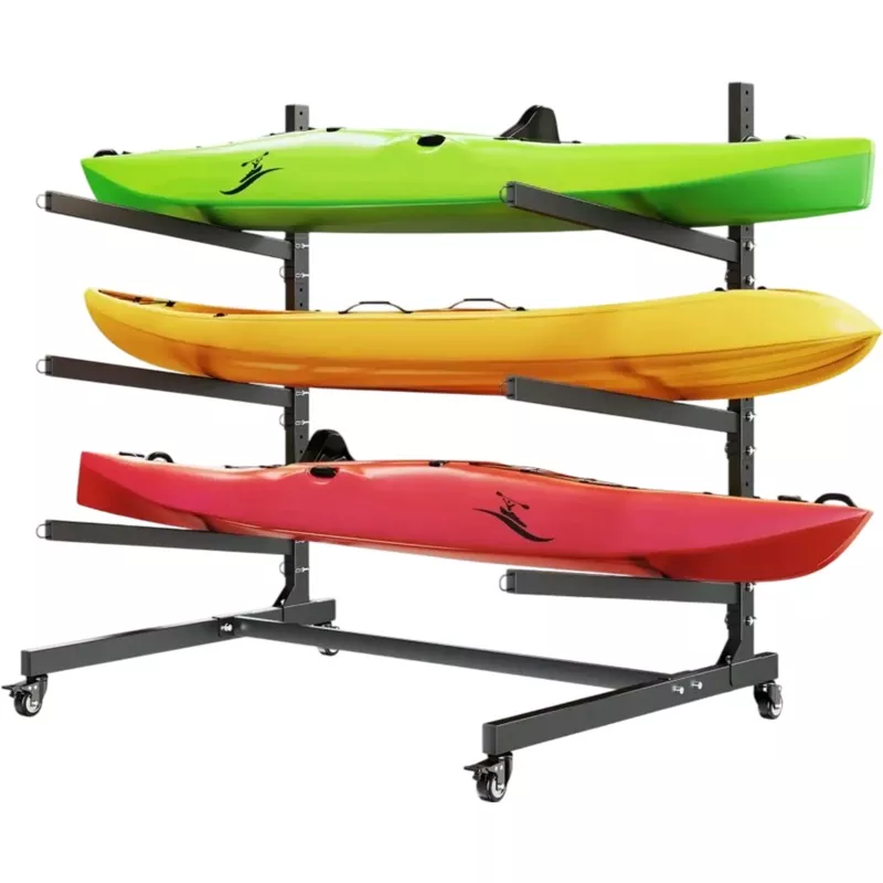 Vevor Kayak Storage Rack Adjustable Freestanding Stand for 3 Kayaks with Lockable Wheels New